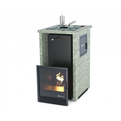 Печь для бани ИзиСтим Сочи-М2 в трёхстороннем кожухе из жадеита с открытым верхом сталь AISI 321