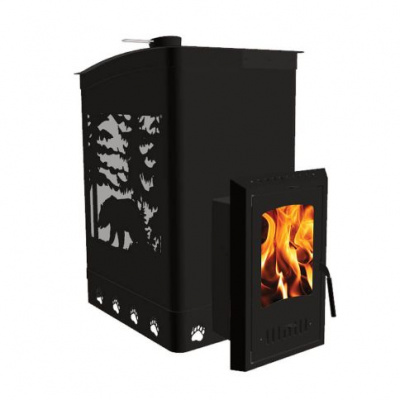 Печь банная чугунная Экокамин Медведь 30 Медведь в лесу, дверка стекло Оптима, закрытая каменка