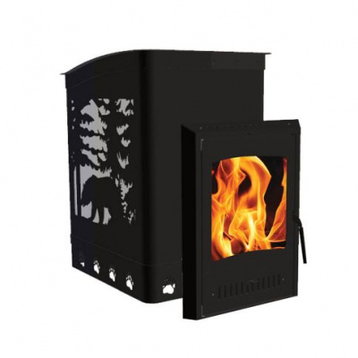 Печь банная чугунная Экокамин Медведь 30 Медведь в лесу, дверка стекло Гранд, открытая каменка