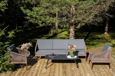 Лаунж-зона 4SIS Канны 5-местная из роупа со столом Верона (серый гранит), каркас коричневый, роуп коричневый Лаунж-зона 4SIS Канны 5-местная из роупа со столом Верона (серый гранит), каркас коричневый, роуп коричневый