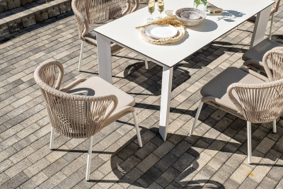 Обеденная группа 4SIS Венето 6-местная со стульями Милан, каркас белый, роуп бежевый