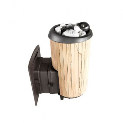 Банная печь Прометалл Атмосфера XL (Про) в ламелях Окаменевшее дерево перенесенный рисунок