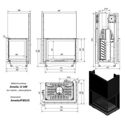 Каминная топка Kratki Amelia P BS G (угловое стекло справа, гильотина)