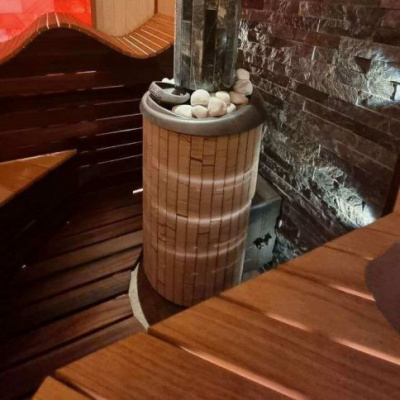 Банная печь Прометалл Атмосфера L в ламелях Окаменевшее дерево перенесенный рисунок