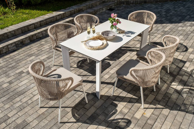 Обеденная группа 4SIS Венето 6-местная со стульями Милан, каркас белый, роуп бежевый