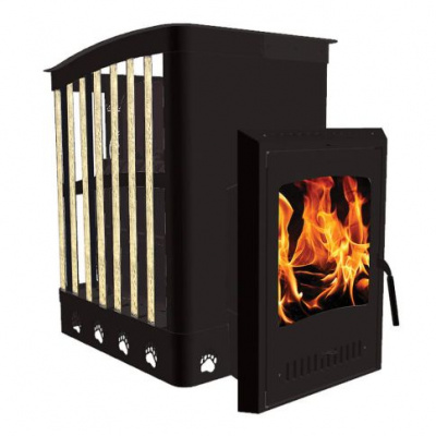 Печь банная чугунная Экокамин Медведь 30 Ковка, дверка стекло Гранд, открытая каменка