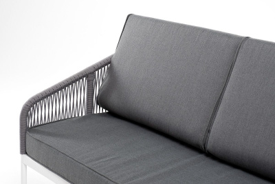 Диван 4SIS Канны 3-местный из роупа; каркас алюминий белый муар, роуп светло-серый круглый, ткань серая 017