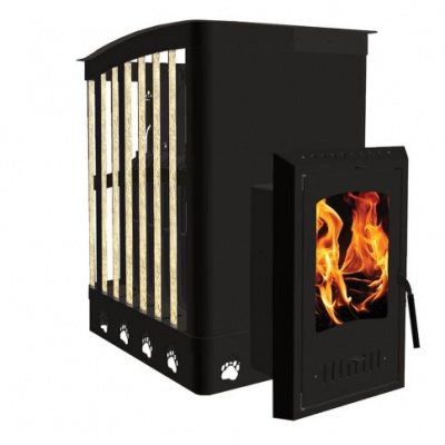 Печь банная чугунная Экокамин Медведь 30 Ковка, дверка стекло Оптима, открытая каменка